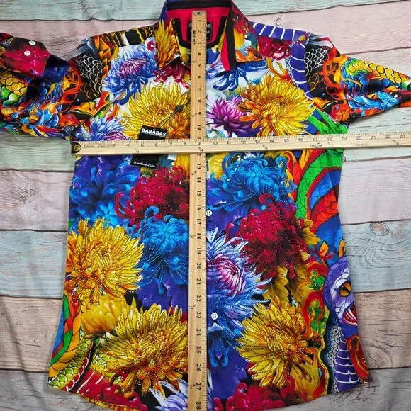 Barabas Mens Vibrant Dragon & Chrysanthemum Long Sleeve Shirt Small Rhinestones - Picture 7 of 10